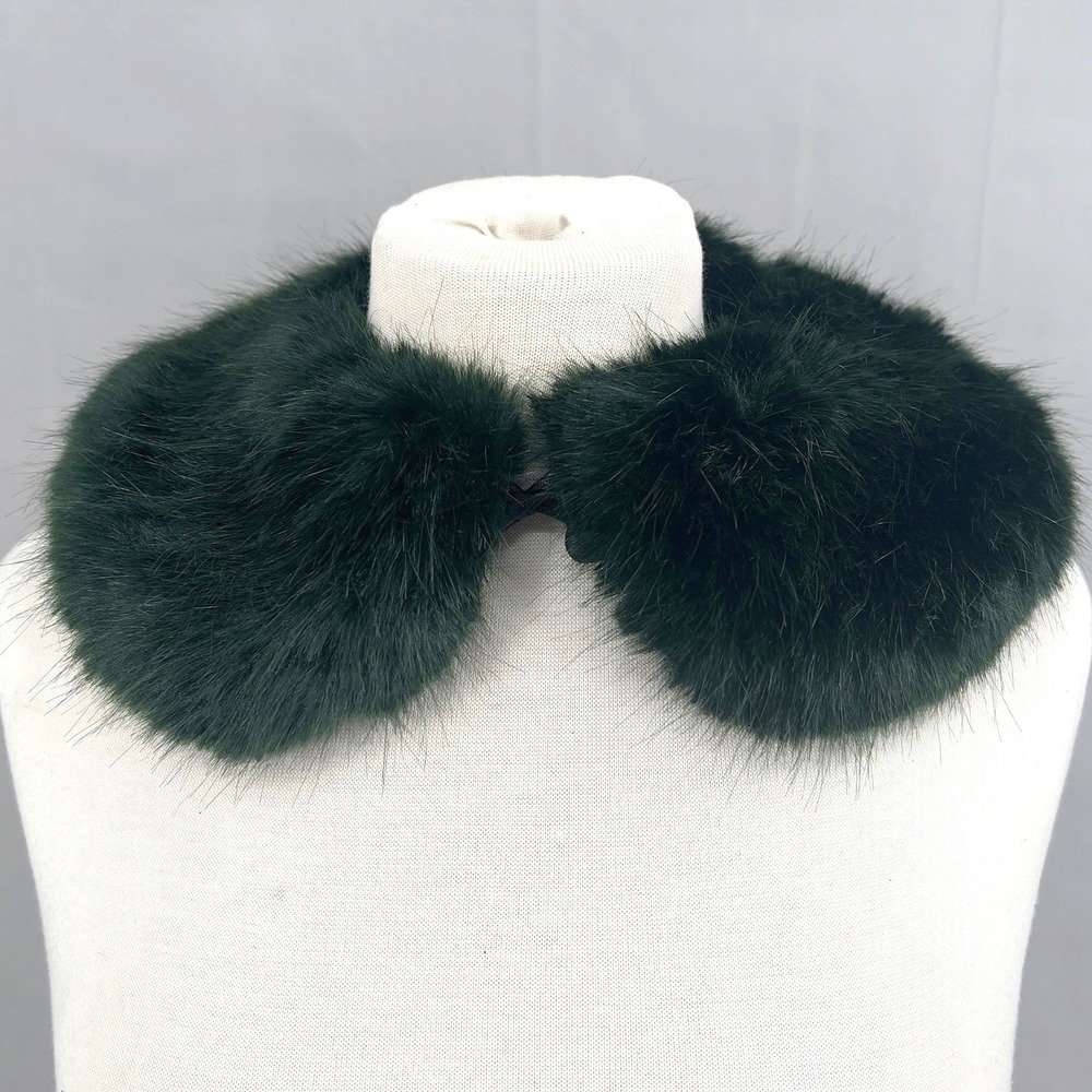 ANTHROPOLOGIE Moore & Moore Faux Fur Collar Forest Green Black Ribbon 5" Wide